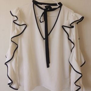 Black and white lace tie blouse